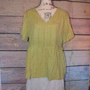 Olive Green Cotton Peasant Baby Doll Top 1X 2X  Net Ribboned Embossed Hippie